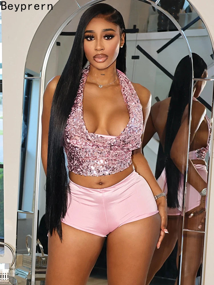 

Beyprern Cute Girls Pink Biker Shorts Set Glitter Sequin Crop Top And Matching Set Women's Active Set Two-Piece Outfits Clubwear