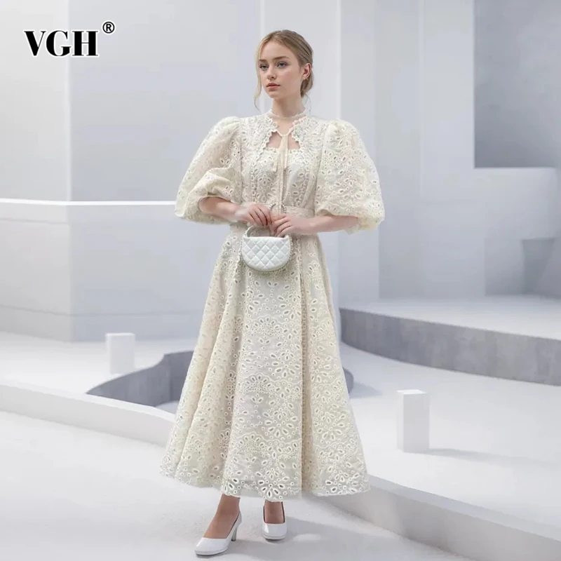 

VGH Solid Patchwork Embroidery Dresses For Women Round Neck Puff Sleeve High Waist Spliced Lace Up Long Dress Female Fashion New