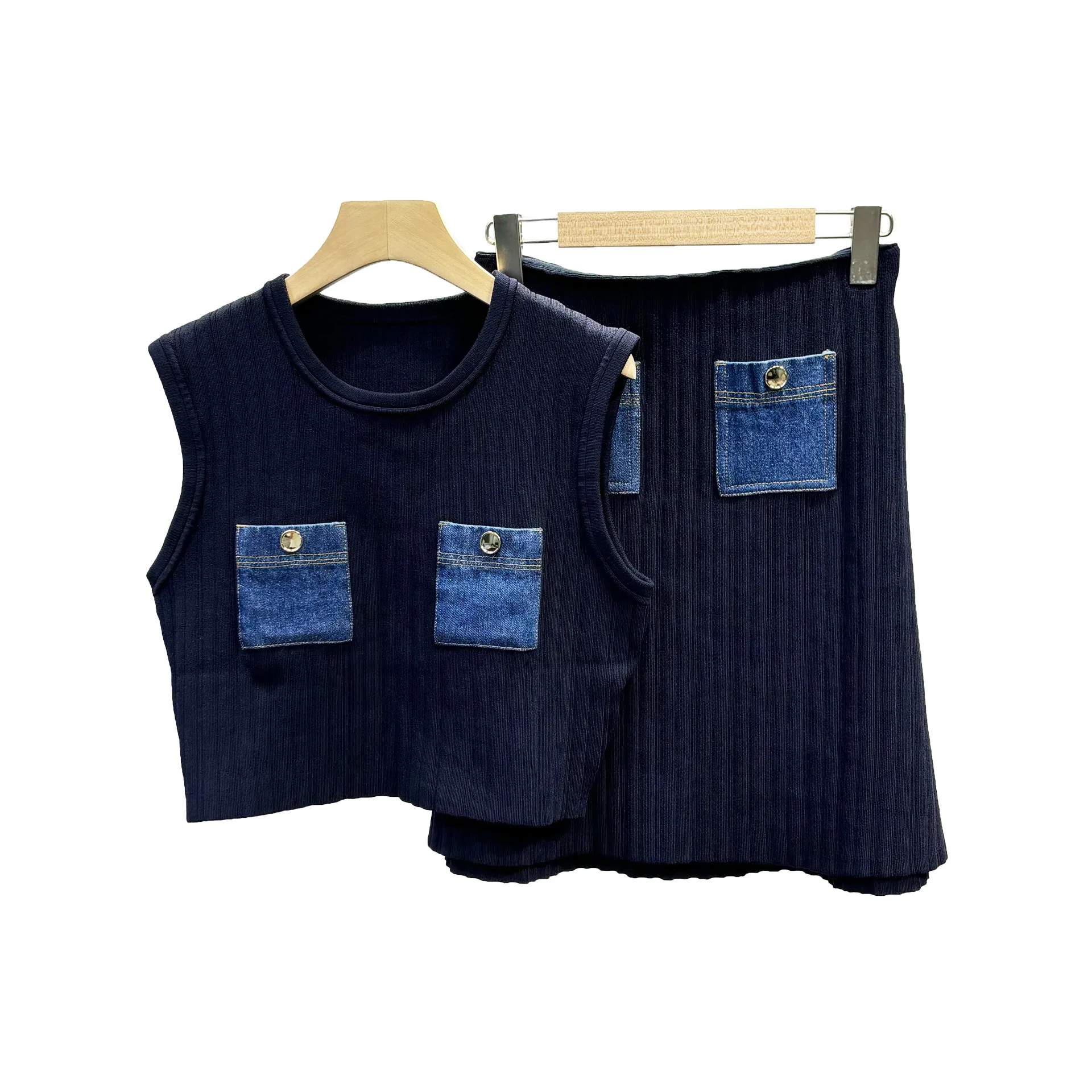 Summer Women Fashion Denim Stitching Knitted Suit Elegant Casual Two Piece Set