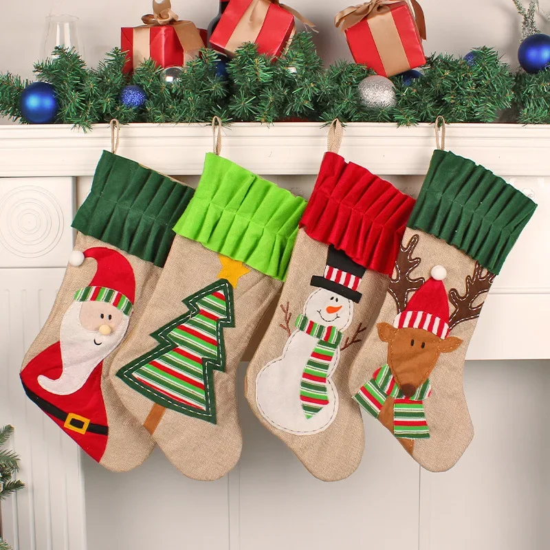 

4 Styles of Fabric Collage Sewing Santa Claus，Snowman, Elk, Christmas Tree Pattern Christmas Socks Christmas Gift Bag