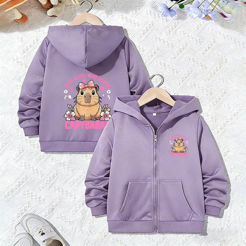 Funny Casual Hoodie Just A Girl Who Love Capybara Jacket Girls Zipper Spring Autumn Trendy Animal Cartoon Sweatshirts Zip Up