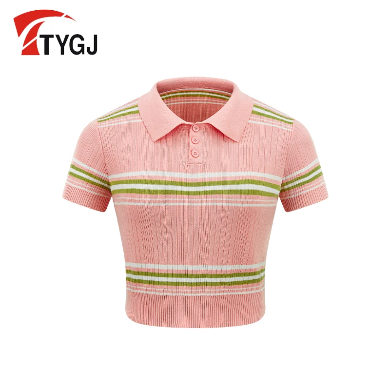 

TTYGJ Women's Golf Wear Knitted Short Sleeved Polo Collar Sweatshirt Spring/Summer Sports Top Short Contrast Stripes