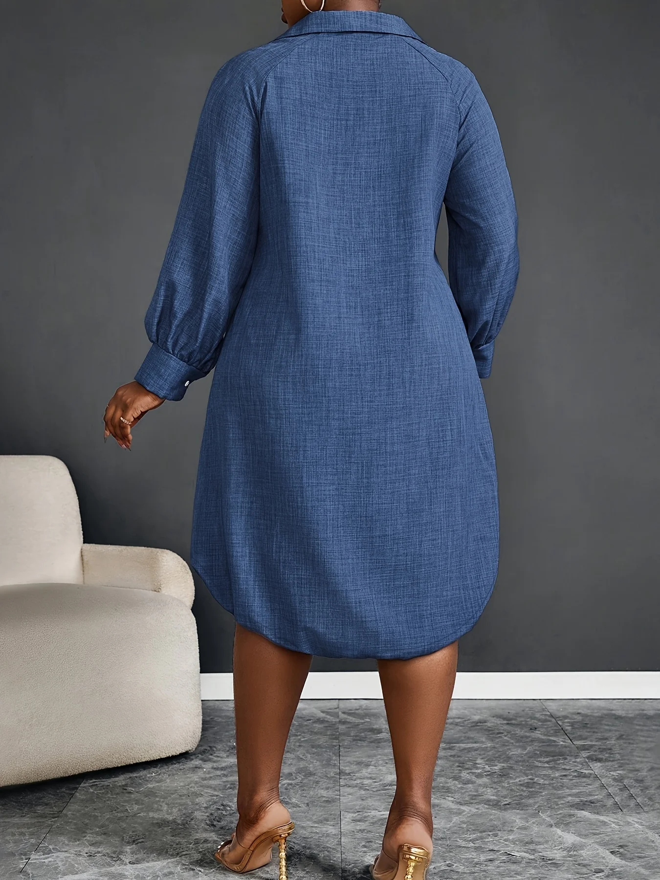 Elegant Plus Size Women's Long Sleeve Dress Deep Blue Casual Loose Fit Drawstring Hem Split Fashionable Turn-down Collar Single