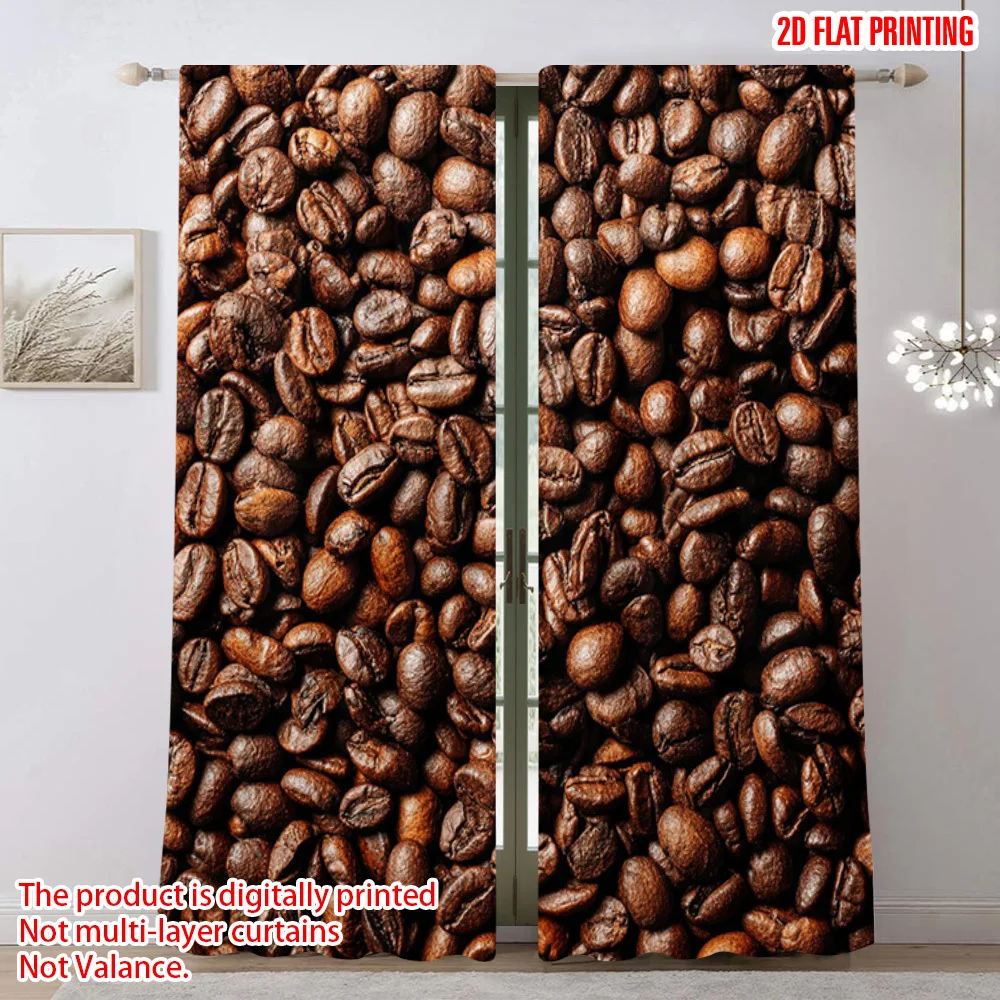 Realistic Coffee Bean Curtains, Brown Roasted Arabica Print Drapes, Cafe Kitchen Restaurant Window Treatment Decor