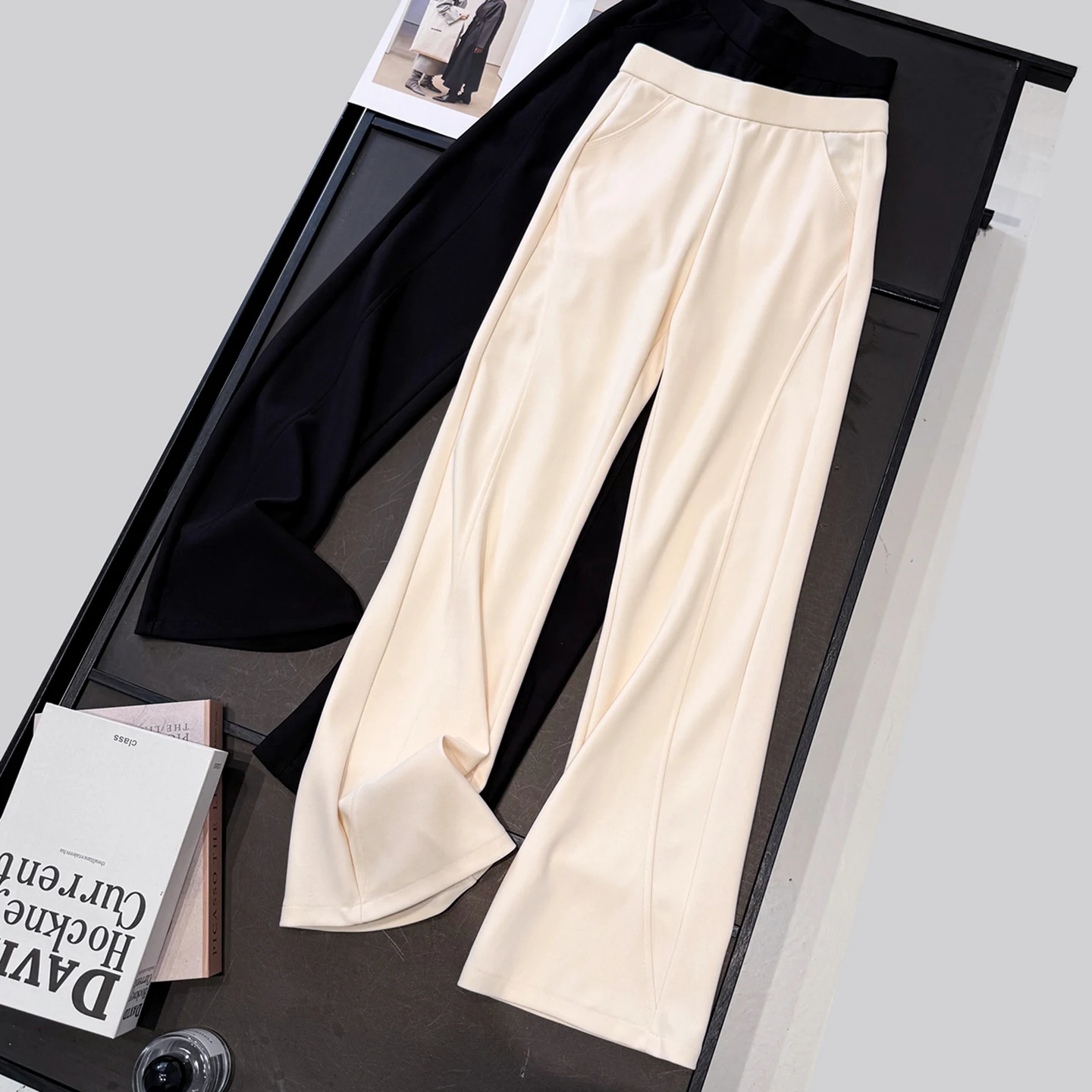 Slimming High Waist Flared Casual Pants Women's Elastic Anti-Wrinkle Polyester Fiber Commute Style Autumn Fashion Ladies' Pants