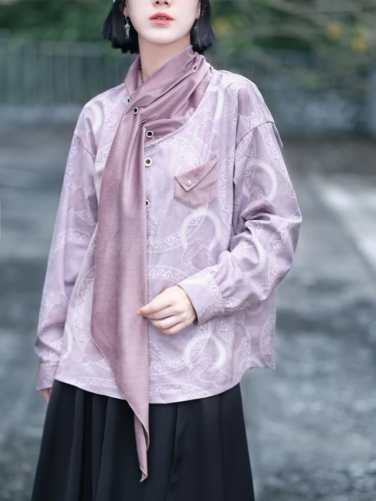 

Design Sensation Китайский Sle Лоскутный воротник irt Женский принт Осень-зима Топ Модный оригинальный дизайн Прямой крой Длинный ...