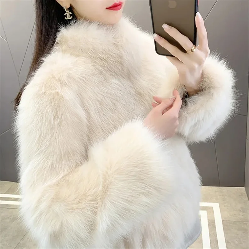 2024 Female Faux Fur Tops Coat Winter Women Fashion Short Plush Overcoat Ladies Long Sleeves Integrated Fur leather Fur Jacket