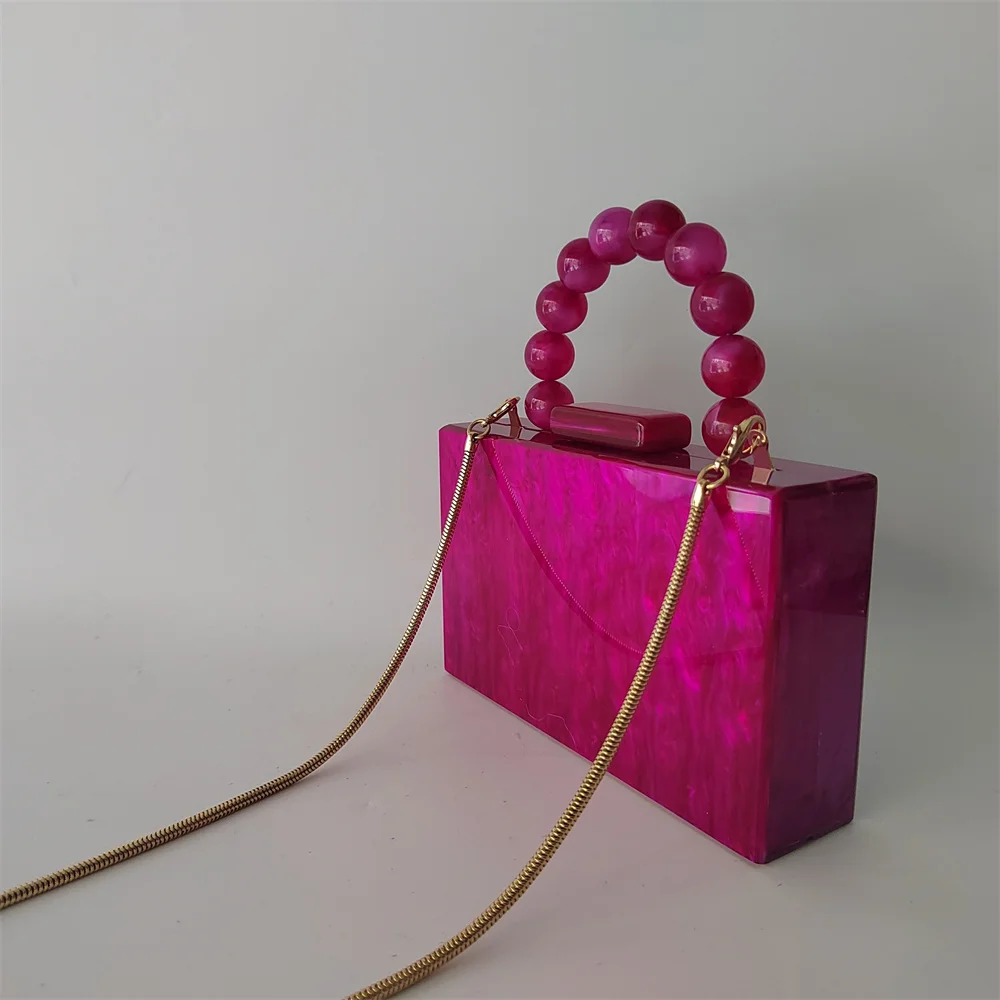 Hot Fuchsia Marble Acrylic PVC Box  Clutch Bags Women Luxury Designer Purses And Handbags Wedding Party Beaded Handle Flap Bags