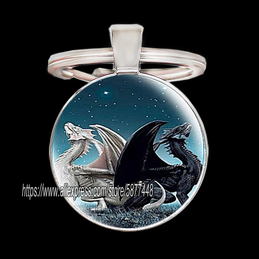 Animal Keychain Black Cat Horse Dragon Butterfly Glass Cabochon Key Chain Hedgehog Dragonfly and Moon Key Ring Pendant Keyring