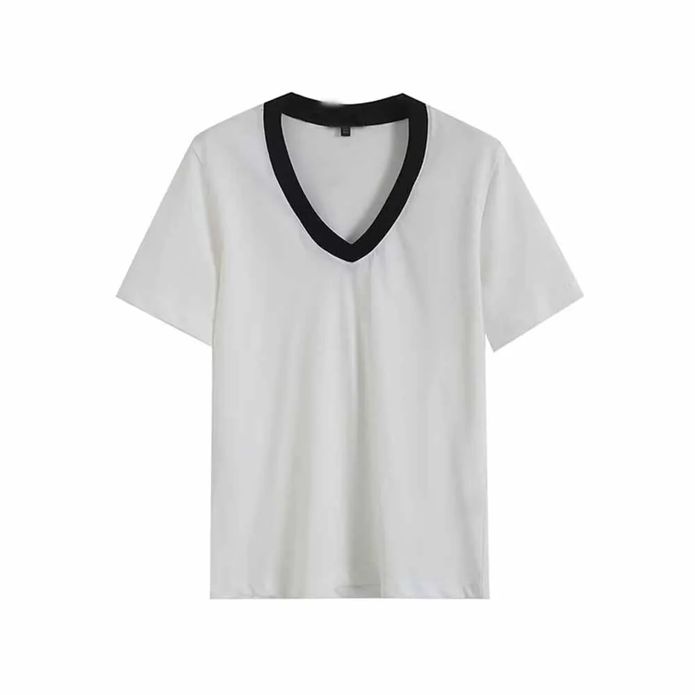 

Women's new fashion casual basic style splicing V Neck T-shirt cotton base T-shirt short sleeved women's T-shirt chic top Skazi