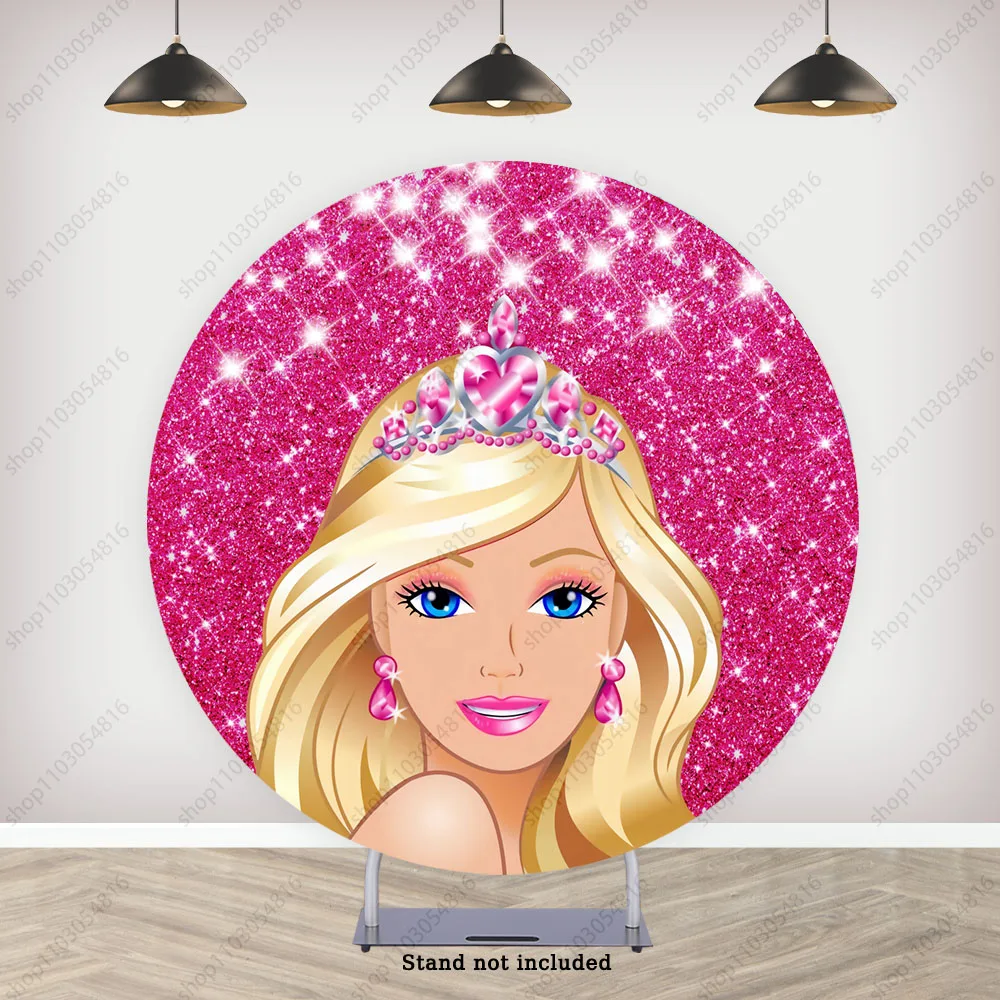 Barbie Round Backdrop Cover For Girls Pink Birthday Baby Shower Pool Theme Circle Photo Background Elastic PhotoCall Covers