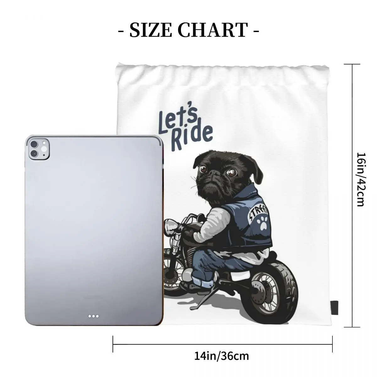 Let's Ride Motorcycle Big Bike Black Pug Dog Backpacks Drawstring Bags Drawstring Bundle Pocket Sports Bag BookBag