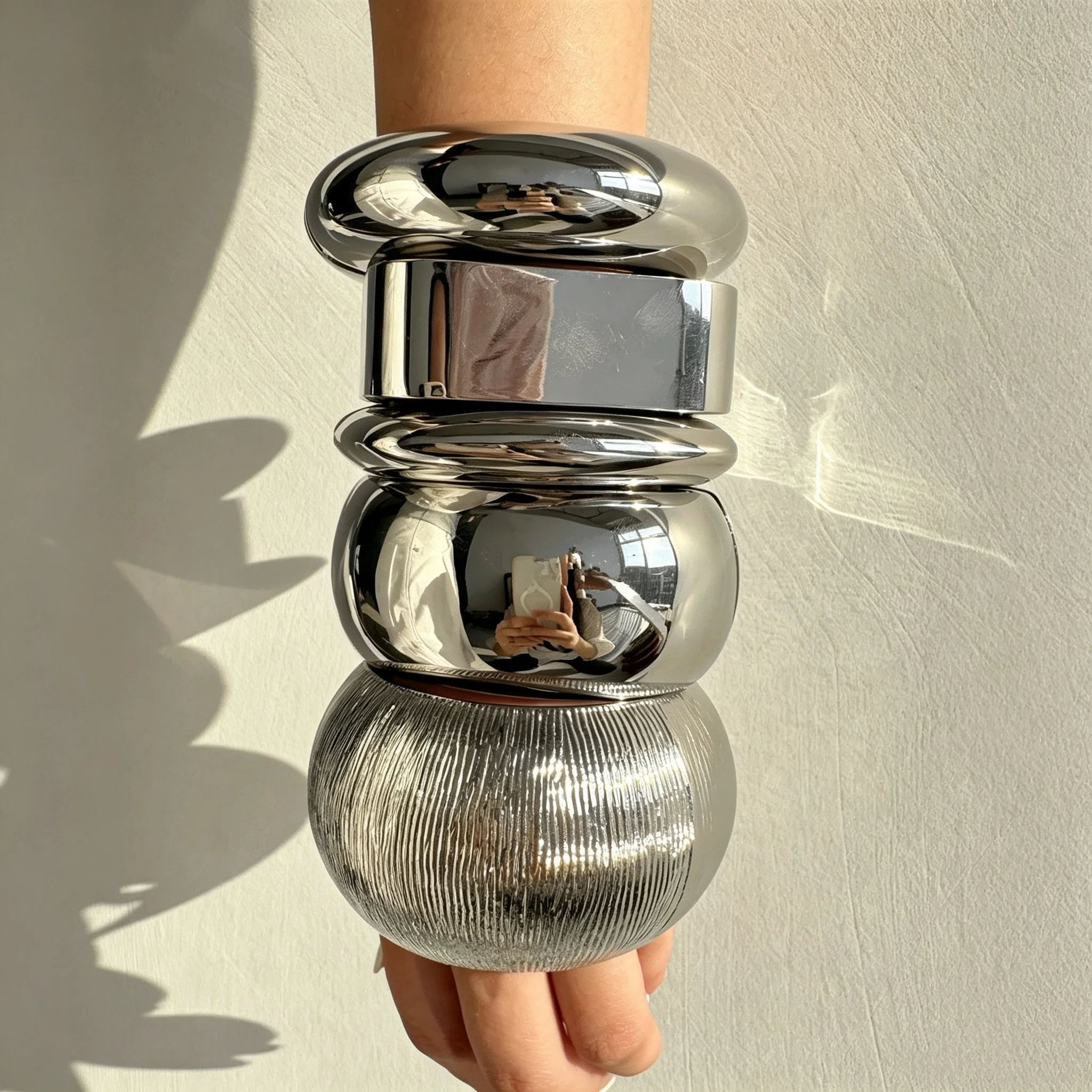 Polished Silver Open Ended Bracelet Geometric Minimalist Style Wide Band Layered Women's Jewelry Everyday Wear Social Gatherings