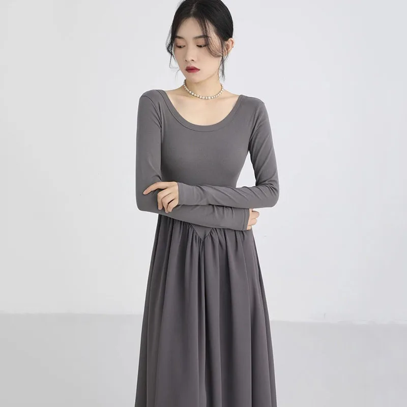 الكورية الخصر النحيف فساتين طويلة للنساء النمط الفرنسي المرقعة فستان بكم طويل امرأة أنيقة بسيطة س الرقبة ألف خط فستان ميدي #2