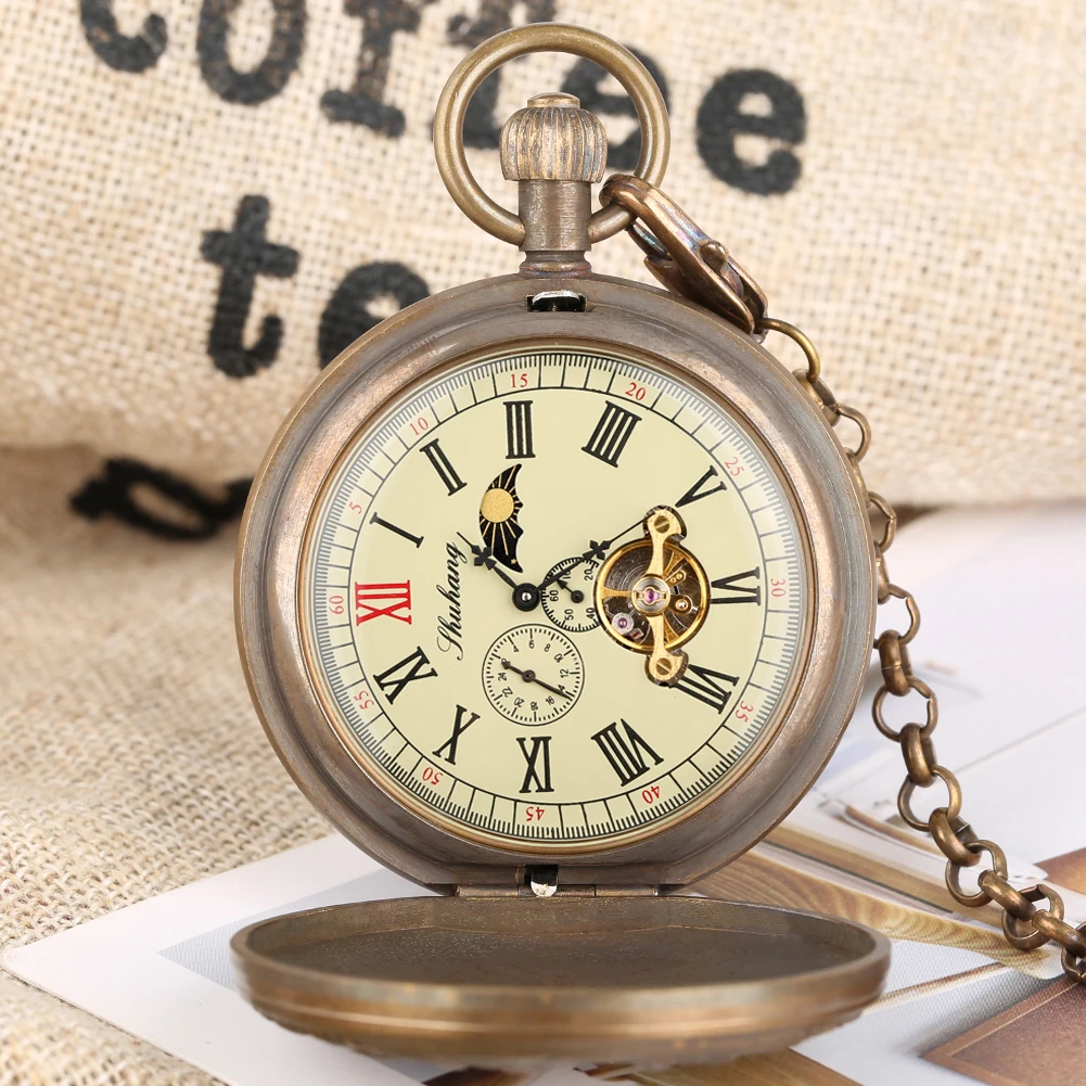 Charm Vintage Flowers Decor Bronze Copper Mechanical Self Winding Pocket Watch Luxury Retro Pendant Timepiece with Pocket Chain