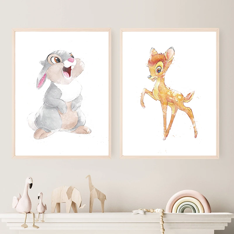Impresiones artísticas de acuarela de Bambi, póster de dibujos animados de Bambi con amigos, pintura en lienzo de conejo Thumper, decoración de pared para habitación de niños