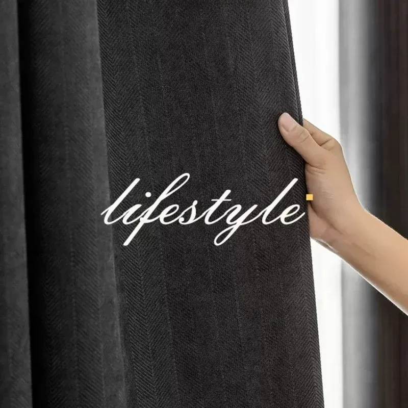 

Custom Size Modern Fashionable Dark Gray Chenille Thickened Pattern Curtains for Living Room Bedroom Dining Blackout Window