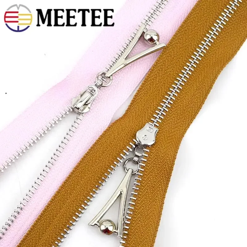 Meetee 2 pces 3 # metal zíperes dentes de prata 15-70cm decorativo zíperes kit de reparação bolsa vestuário casacos acessórios de costura material