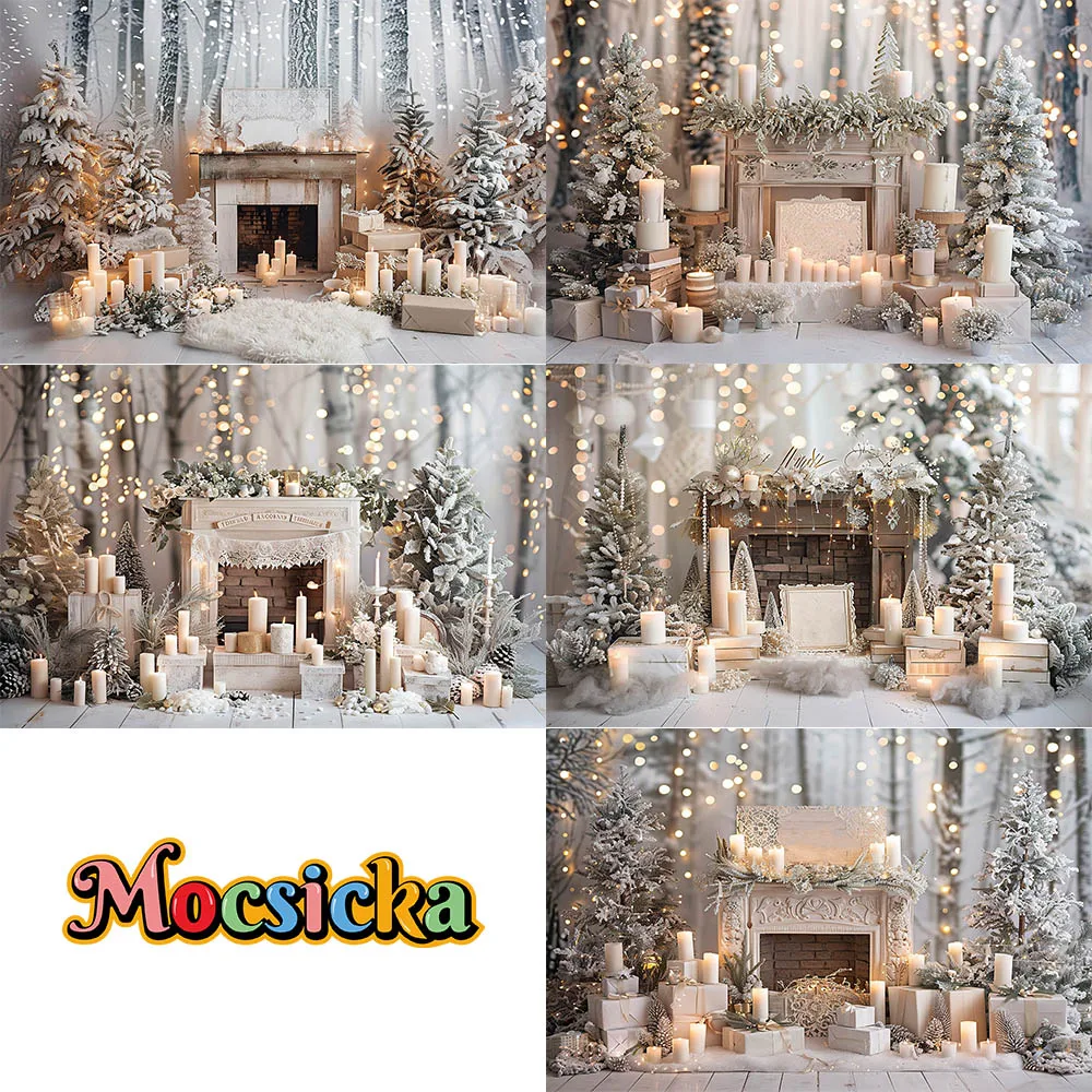 

Merry Christmas Theme Photography Background Snow Fireplace Xmas tree Gift Decoration Family Portrait Backdrops Studio Props