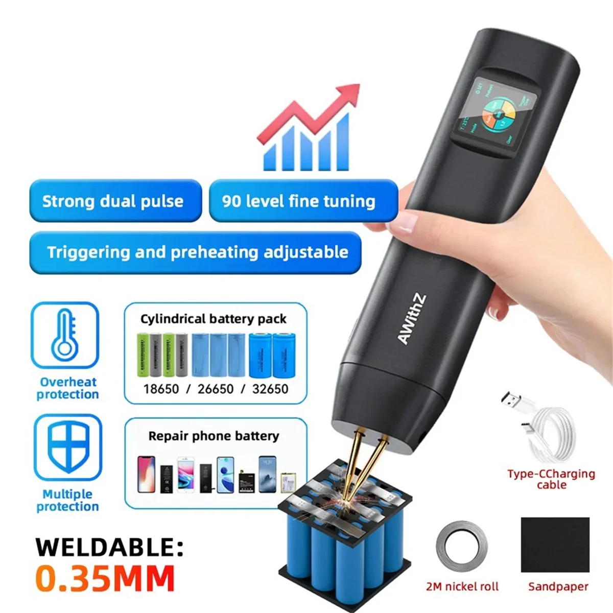 

A002 H2 Большой цветной экран 90-ступенчатый аппарат для точечной сварки Регулируемый мощный ручной сварочный аппарат 18650 Батарея