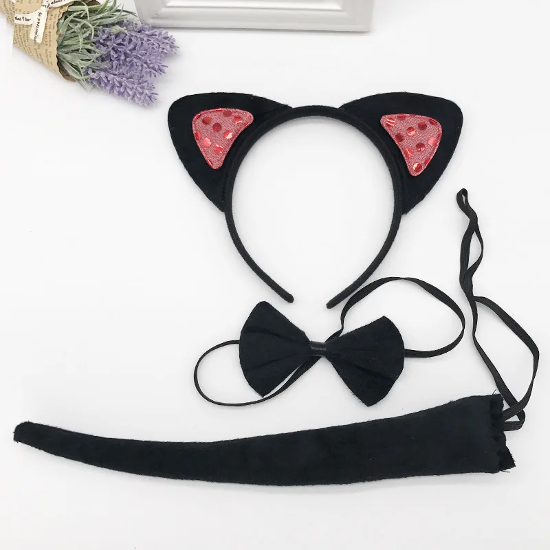 Diadema de felpa con orejas de gato para mujer, accesorios para fiesta de Halloween, Cosplay, 3 uds./Set