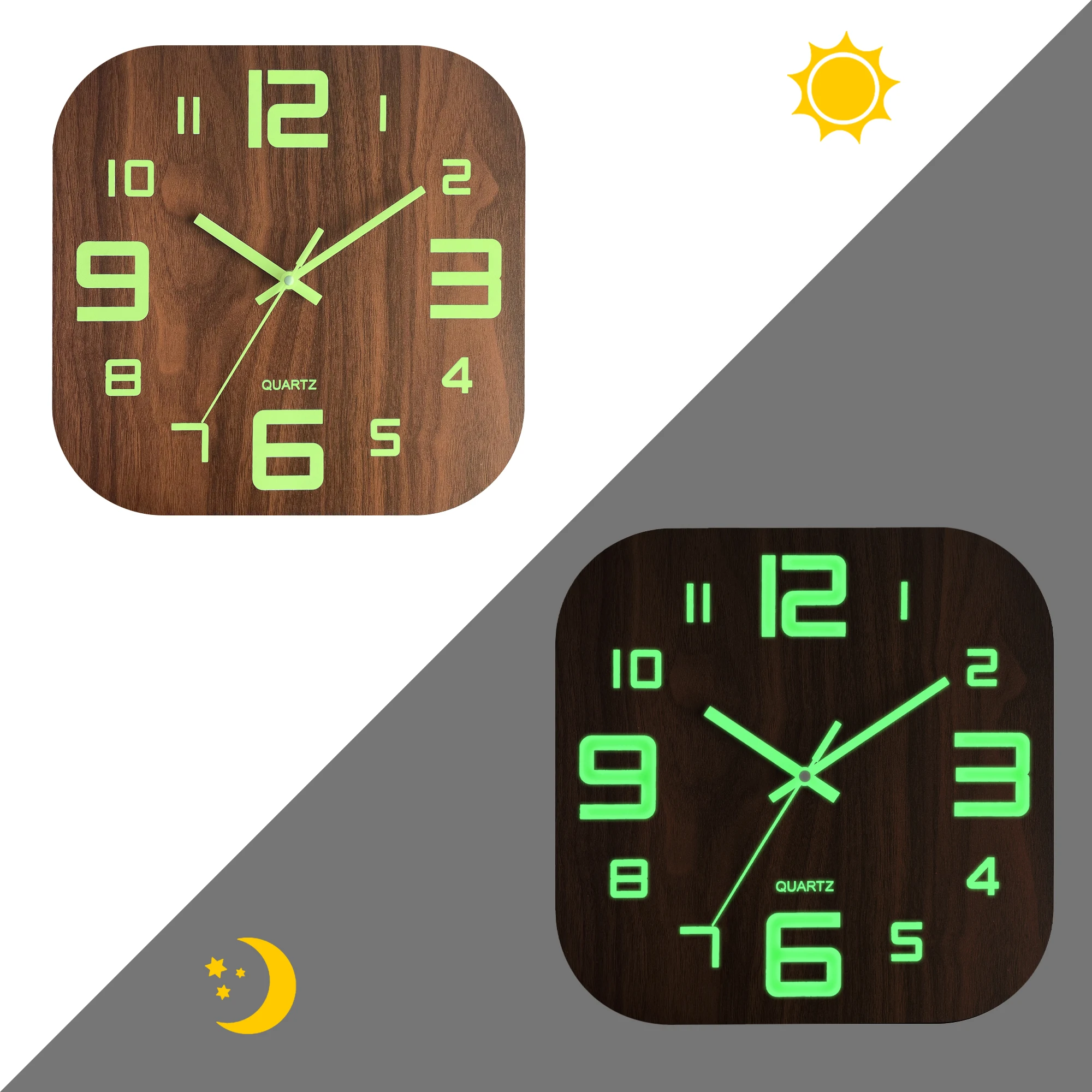 Square Glow-in-the-Dark Wall Clock with Bright Luminescent Numbers, Quartz Movement, for Home/Office Decor (Wood Tone)
