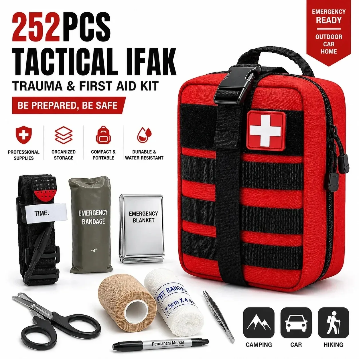 252PCS IFAK Tactical First Aid Kit Trauma Emergency Kit with MOLLE Pouch for Car Camping Hiking Outdoor Survival Supplies