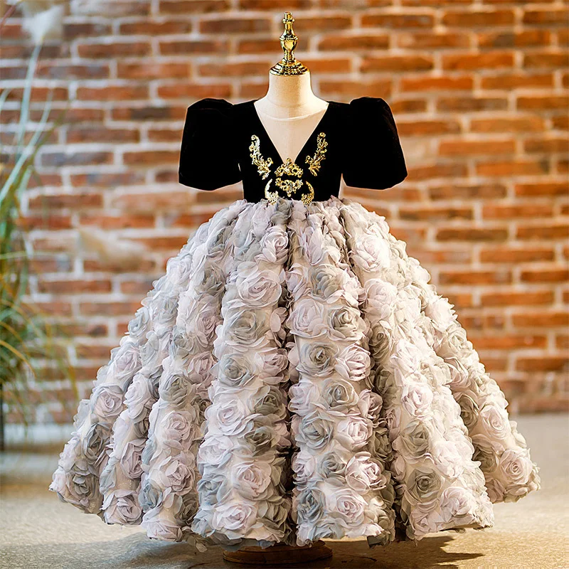 2026 Children Girls Flower Party Host Princess Gown Pageant Costume Girl Wedding Dress Tutu Kids Piano Performance Birthday
