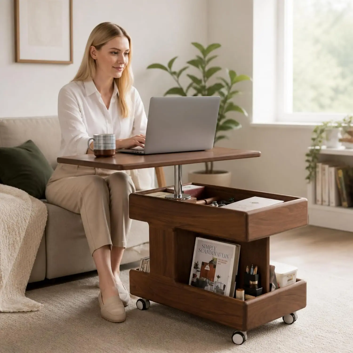 Small Lift Top Coffee Table with Wheels & Storage, Solid Wood Rotating Tabletop for Small Spaces No Assembly, Customized