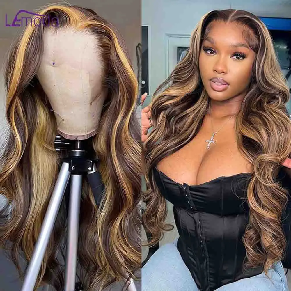 

13x6 Body Wave Ombre Highlight Lace Wig Brown Colored Human Hair Wigs HD Lace Frontal Wig Lace Front Human Hair Wig 30 32 34Inch