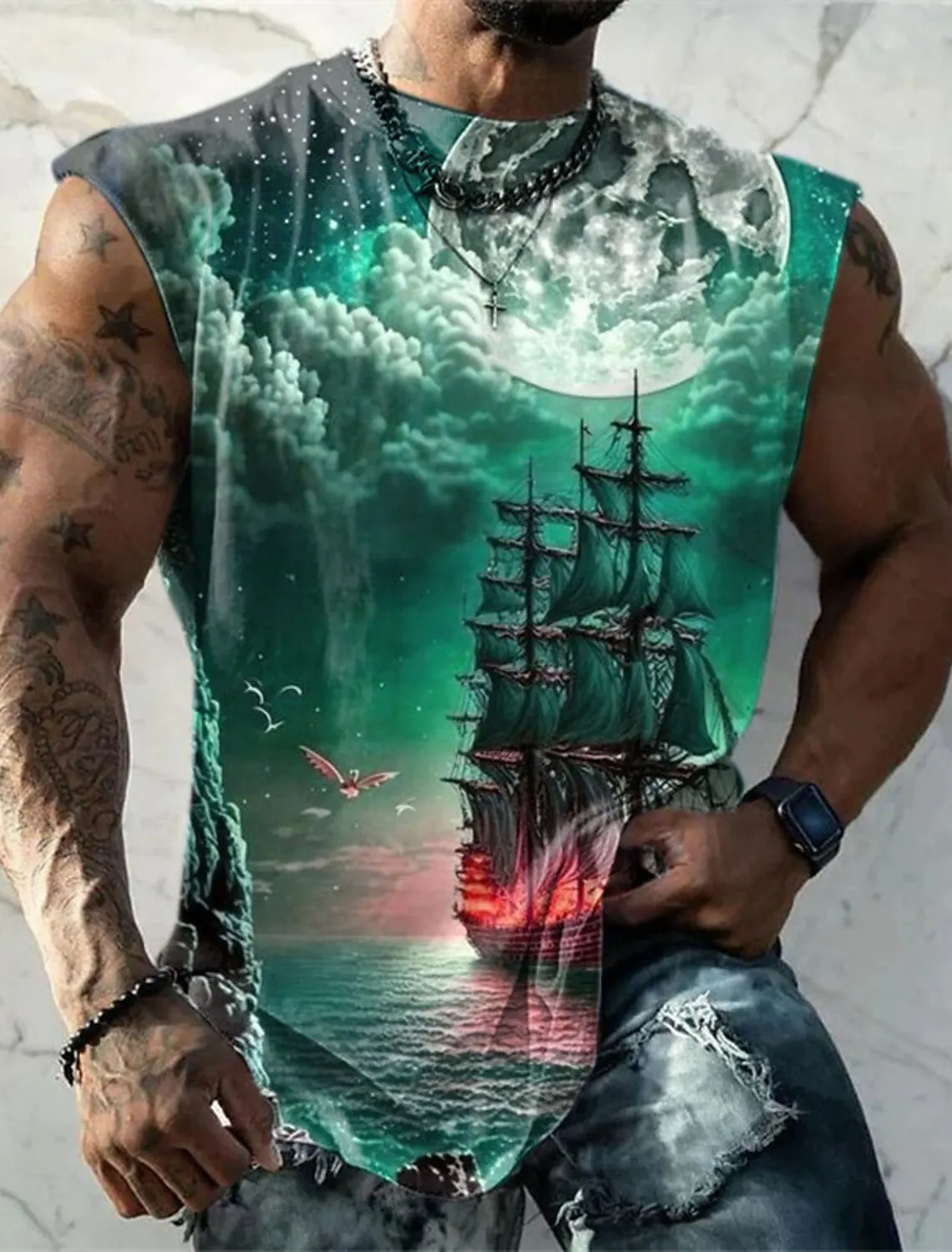 2023 New Fashion Sleeveless Shirt Men\'s Fitness Bodybuilding Vest Men\'s 3D Retro Print Ghost Pattern Fitness Quick Dry Top