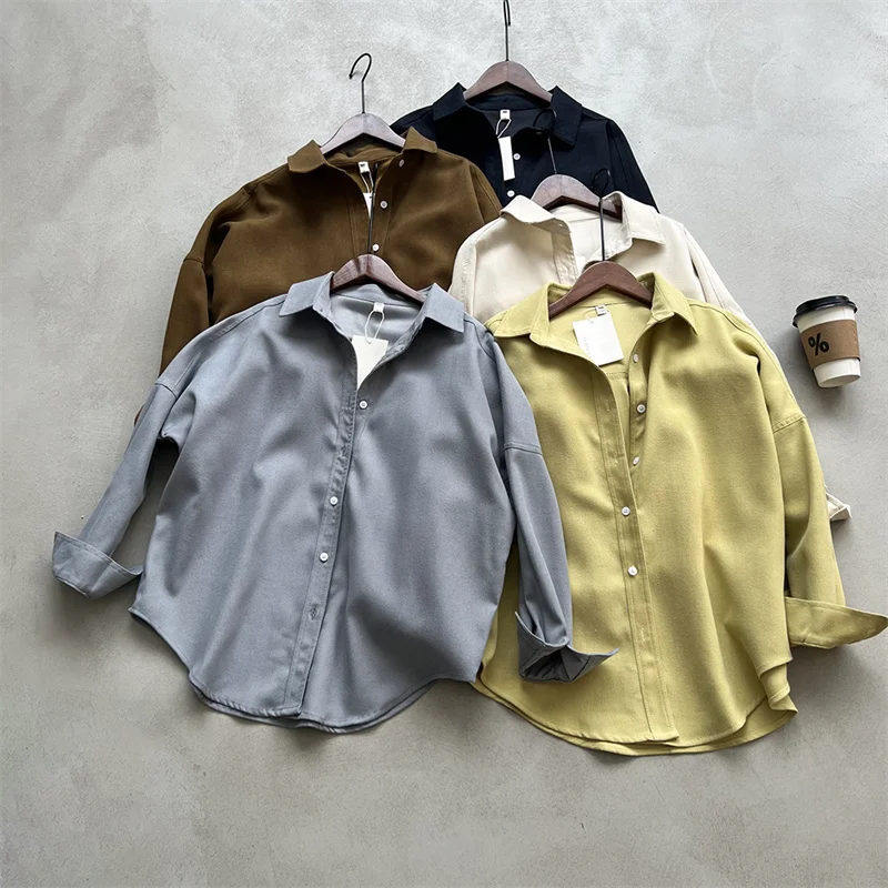 BF Style Retro Brushed Shirt for Women's 2024 Spring Autumn Loose Fitting Long Sleeved Lapel Collar Button Clothing  Korean New