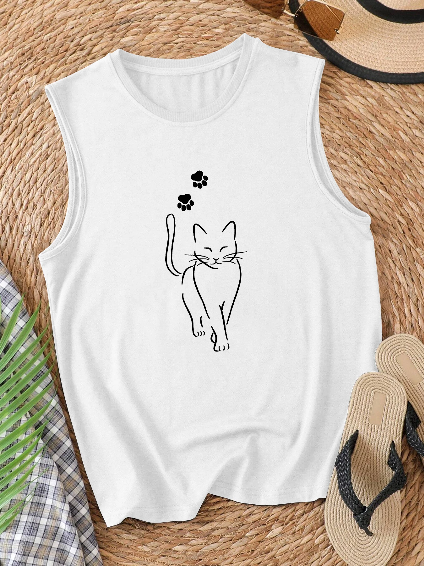 Camiseta sin mangas con estampado de gato para mujer, Top informal sin mangas para verano y primavera