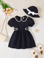 Girls' college style bubble sleeve dress paired with a hat two-piece set, featuring a bow and a specially designed waistband
