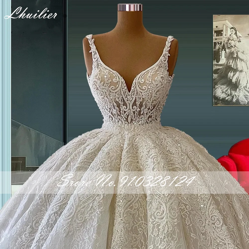 Lhuilier Ball Gown V Neck Lace Wedding Dresses Floor Length Beaded Sleeveless See Through Bridal Gowns with Chapel Train