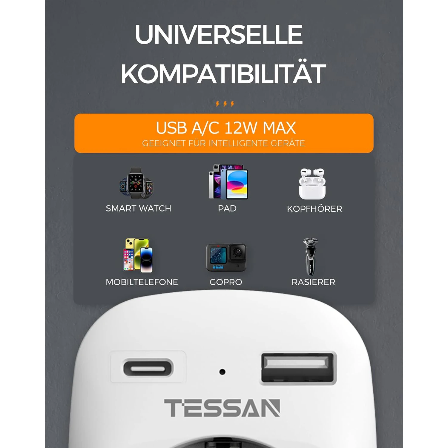 Дорожный адаптер TESSAN из ЕС в Великобританию с 1 розеткой 2 портативными настенными розетками USB типа C для Великобритании, Ирландии, Шотландии, британской вилкой типа G