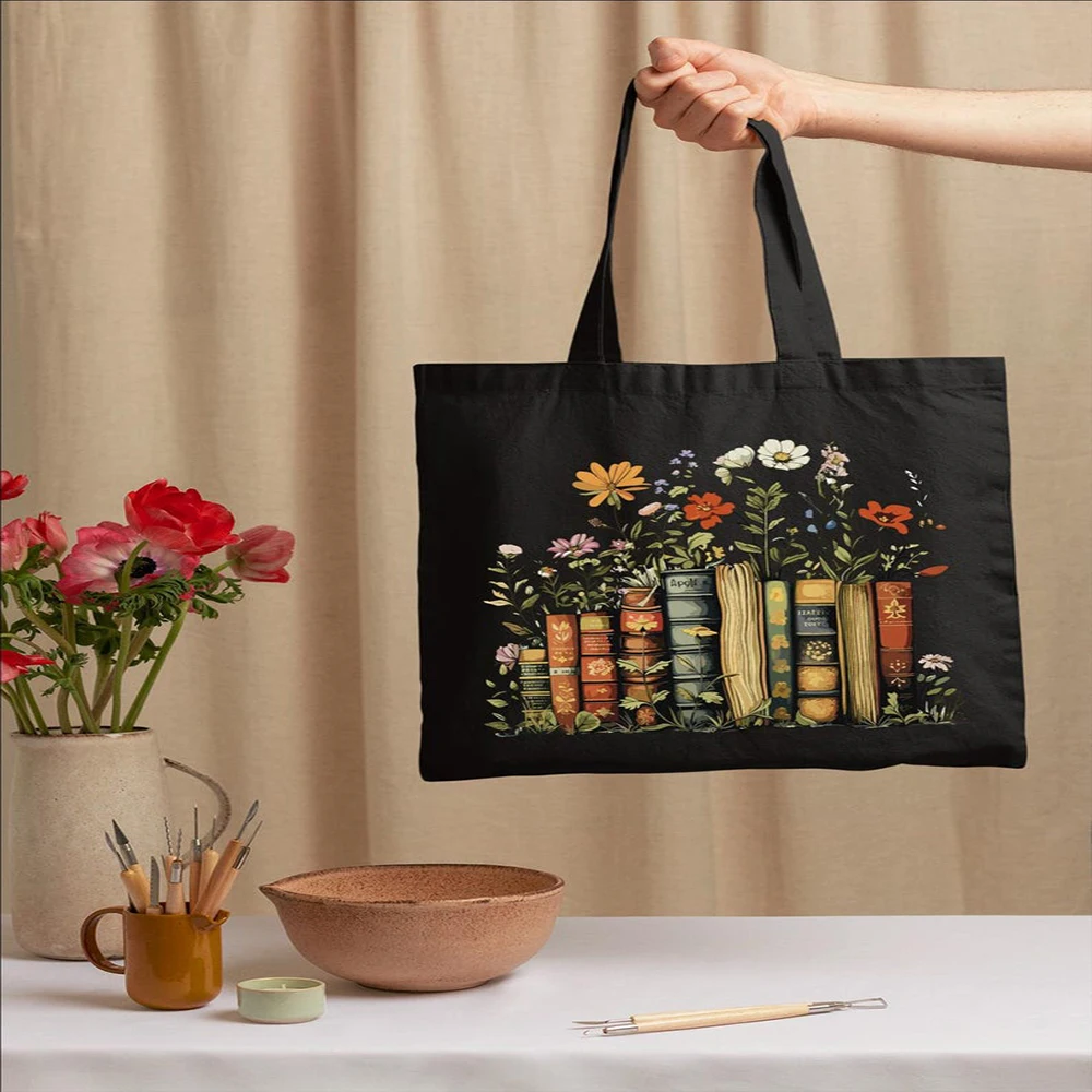 Pretty Book Tote Bag Floral Canvas Shopping Bag Book Lover Gift Library Everyday Carry Bag Reader Book Club Shoulder Tote