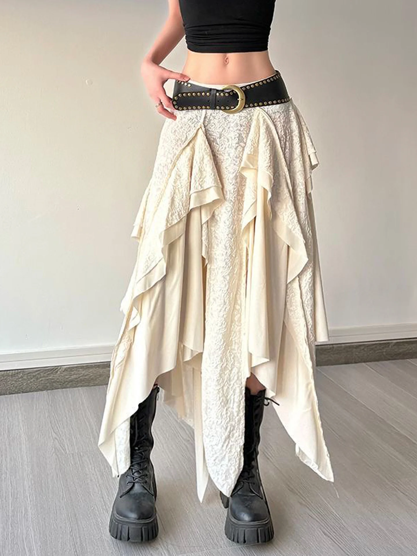 

Korean Style Pastel Lace Asymmetrical Hem Midi Skirt Women's Summer New Loose Fit Pure Color A-Line Skirt Cake Style Half-len...