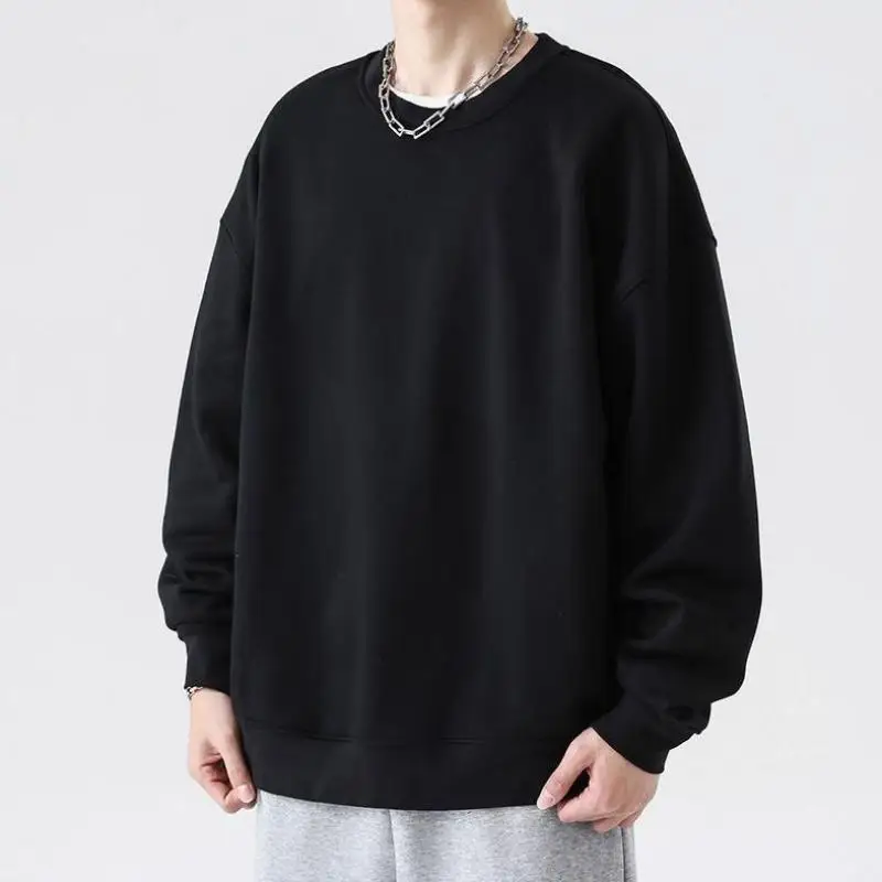 Pullover Daily Simple Black O Neck Fashion Sweatshirt Men Autumn Winter Y2k Clothing Fleece Thick Youth Straight Boy Hoody Tops