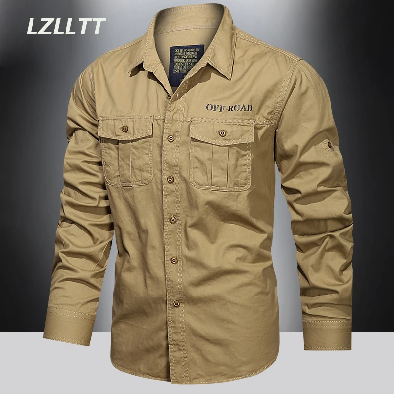 

New Spring Autumn Men Long Sleeve Cargo Shirt Men Cotton Military Shirts Men Solid Lightweight Casual Quick Dry Formal Tops Male