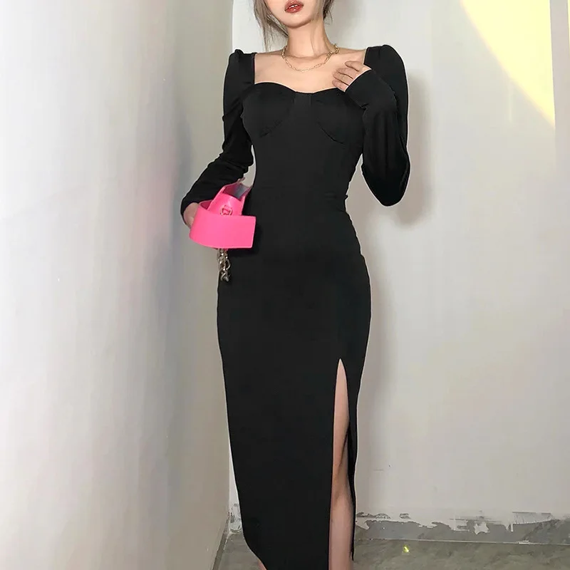 

Women Long Sleeve Dress Square Collar Black Sheath Retro Slim Sexy Vintage Side Slit All-match Simple Long Dress