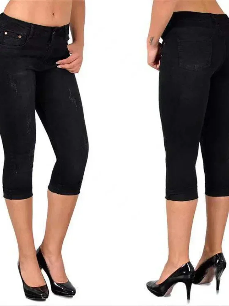 Summer Women Jeans Knee Length Pencil Pants Sheath High Waist Denim Slim Pockets Slight Strech Casual Spring 2026 Solid Color - Image 6