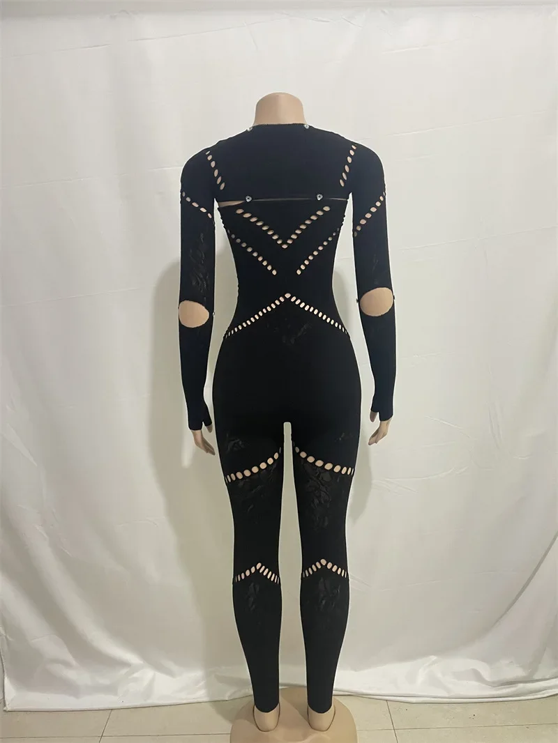 Women Sexy Chic Jumpsuit Rhinestone Hollow Out See Through Skinny Club Party Rompers Stretch Long Sleeve One Piece Overalls