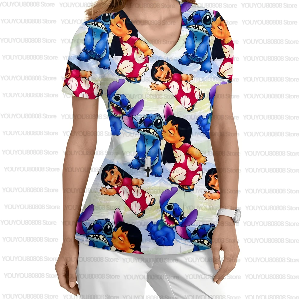 새로운 애완 동물 가게 간호사 작업복 캐주얼 여름 디즈니 스티치 만화 프린트 풀오버 v 넥 간호사 유니폼 티셔츠 스크럽 여성용