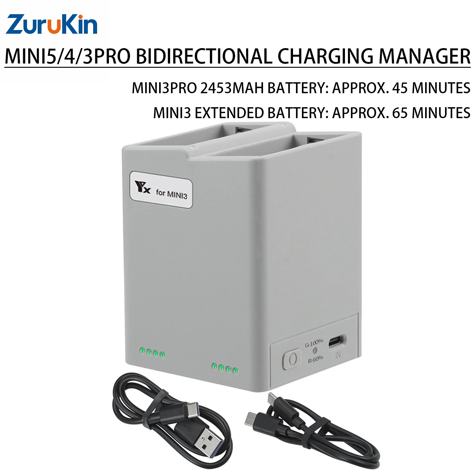 Dual-Way Charging Hub Power Bank Converter for DJI Mini 5 Pro/Mini 4 Pro/Mini 3 Pro PD QC3.0 Fast Charger 2-Slot Battery Manager