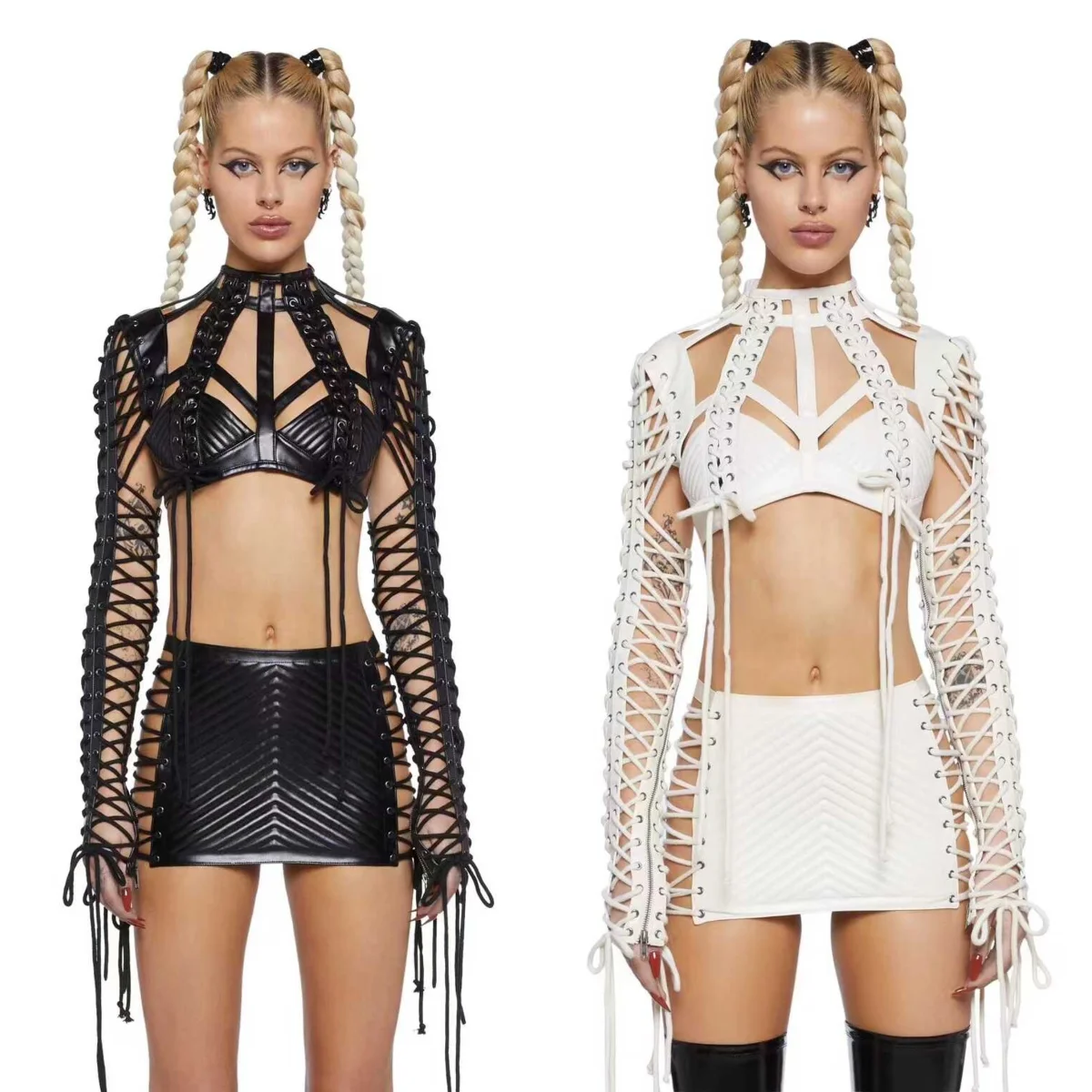 Nowy zestaw skórzanych pasków w stylu gotyckim z wydrążoną diamentową skórzaną krótką spódniczką punkową GOGO strój taneczny Skórzany zestaw klipsów do paska