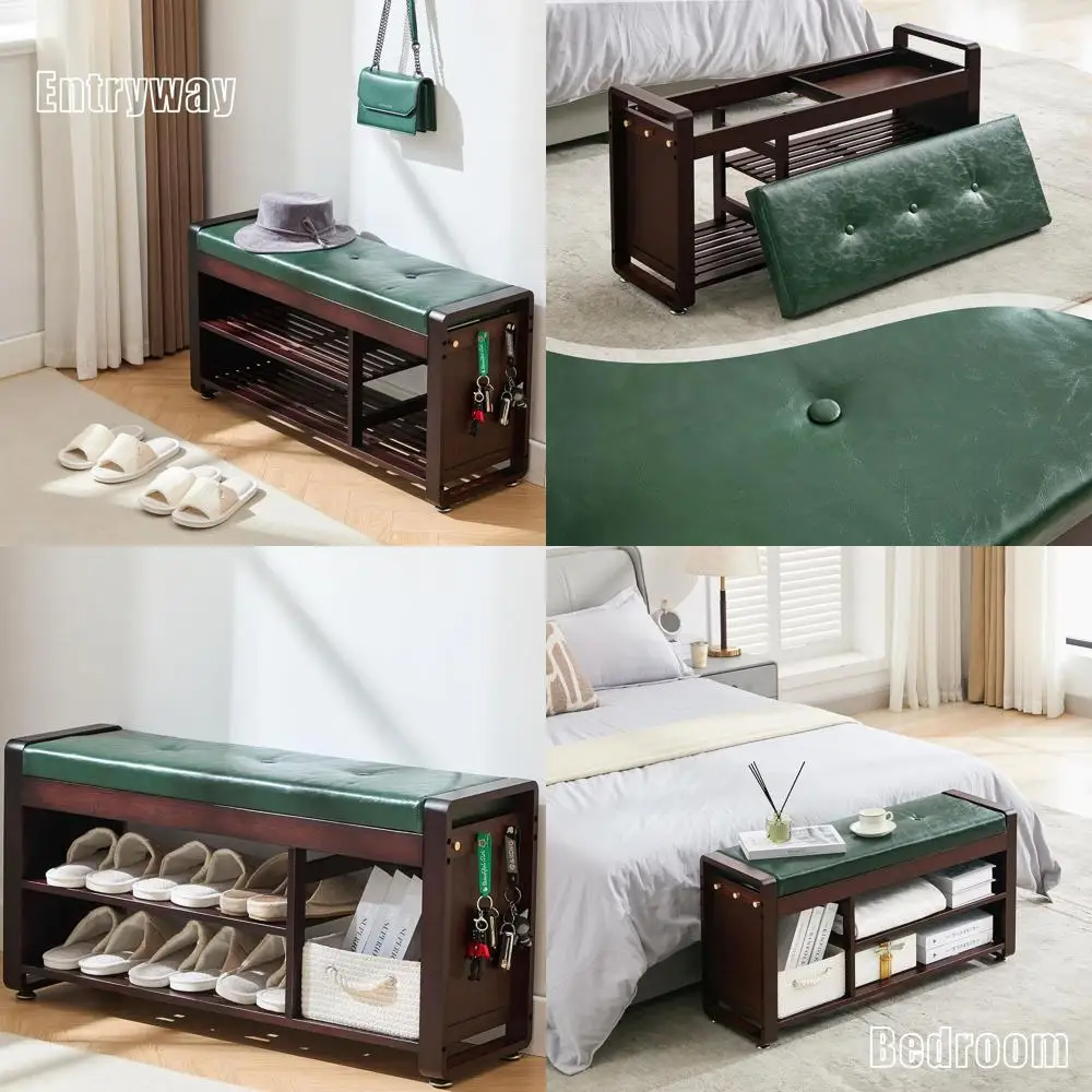 

Зеленая кожаная подушка, скамья для обуви, 37,4 дюйма, 3-х уровневый бамбуковый органайзер для прихожей, мягкая скамейка с обивкой для прихожей и гостиной
