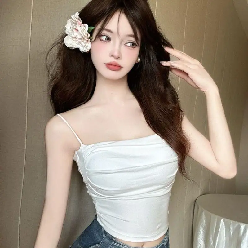 

Summer Camisoles Tank Tops Women With Chest Pads Spaghetti Strap Tanks Vest Sleeveless Tees Cropped Top Solid Color Casual Top
