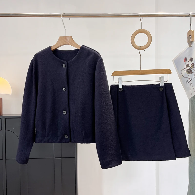 

Nordic ort Coat And High Waist A-Line Skirt Set Wool Blend Tweed Fabric Casual Faion Ensemble for Teen Girls Autumn Wear