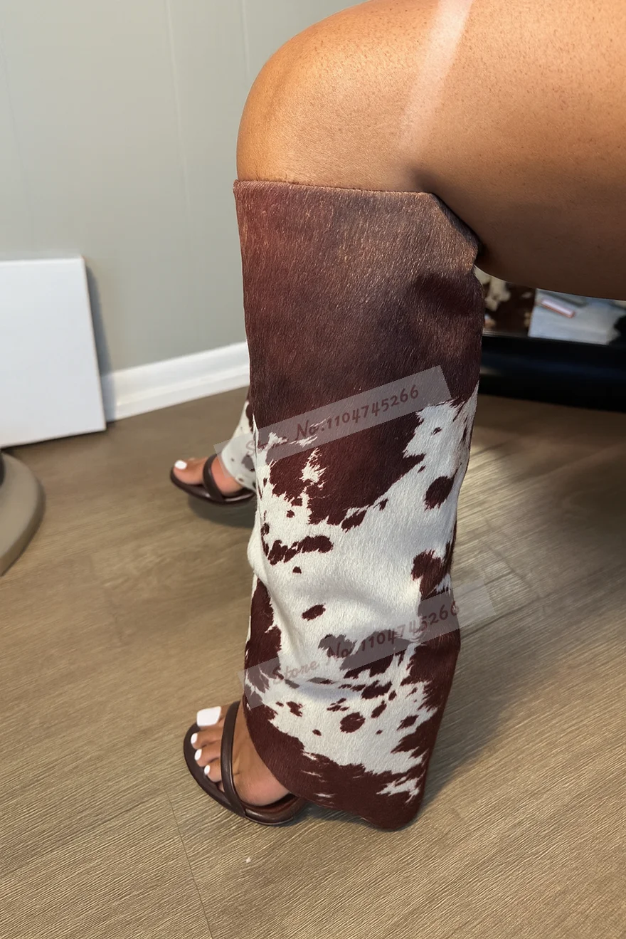 Newest Cow Skin Pattern Horsehair Summer Boots Women High Heel Knee High Long Sandal Boots Single Band Shoes Short Fur Boots